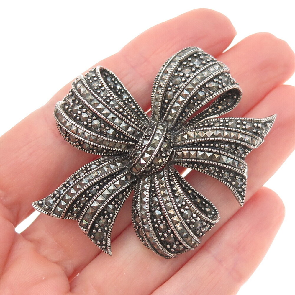 925 Sterling Silver Vintage Real Marcasite Floral Box Oxidized Pin Brooch